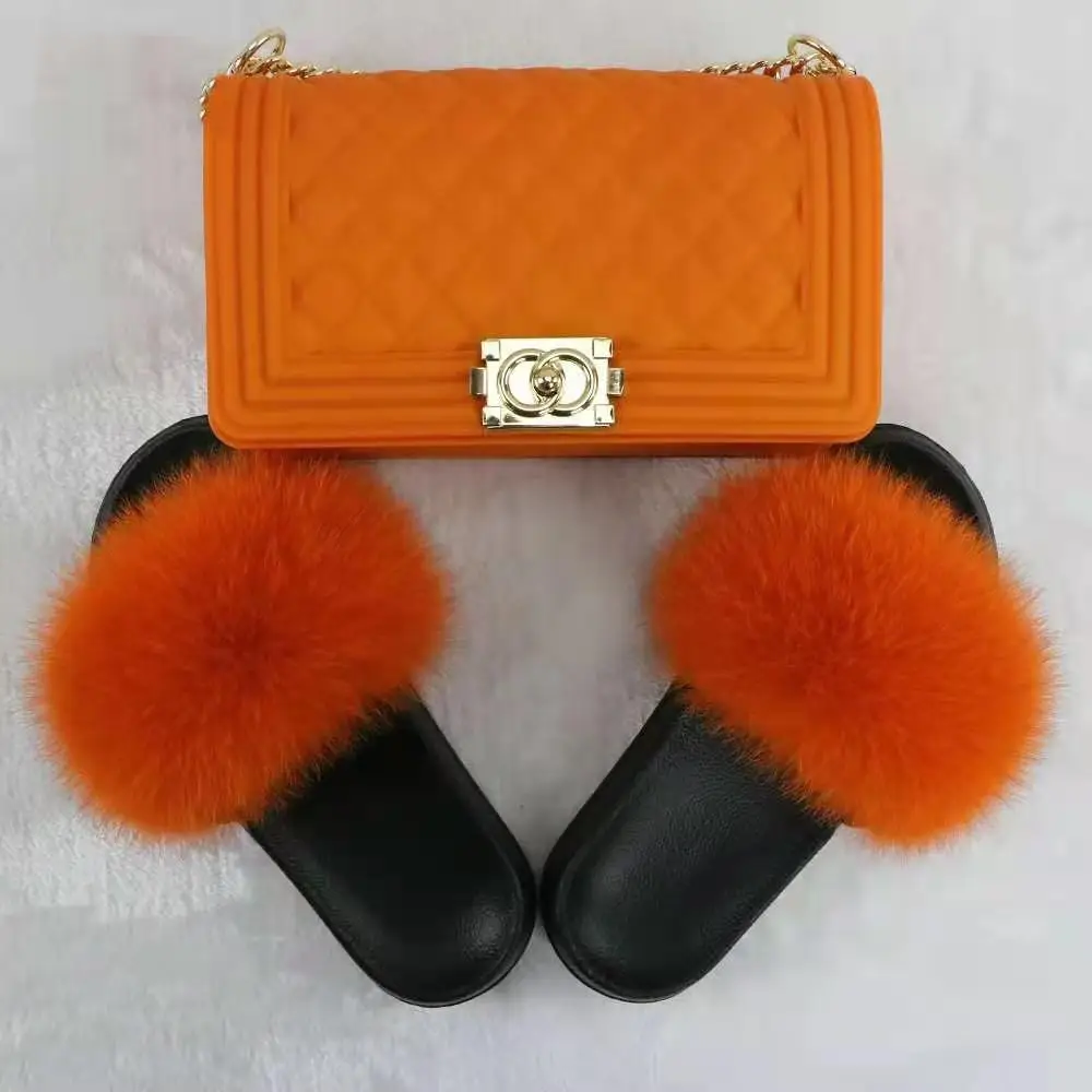 

Cheap price women Jelly Bag Fur Sandal Purses With Fox Fur Slippers Summer Furry Matching Sandals And Bag Sets, Customized color
