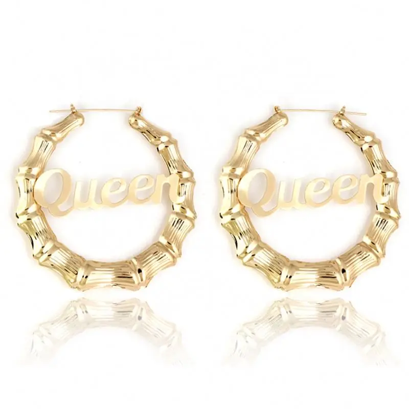 

IE2393 America Exaggerated Letter Queen 9cm Huge Gold Bamboo Name Earrings Custom Bamboo Hoop Earrings