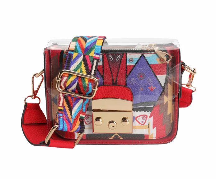 

Women Mini Transparent PVC Plastic Crossbody Durable Summer Shoulder Bag Purse colorful wide strap shoulder bag