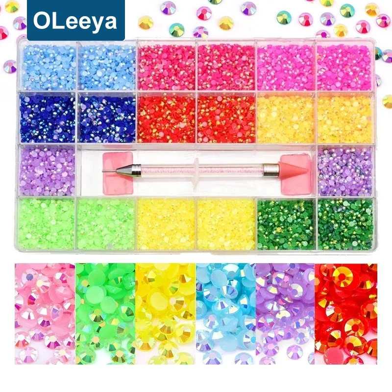 

Hot Sales 21Grids Box Package 10000pcs Jelly Bottom Resin Rhinestones Crystal Nail Art Diamond Strass With Pencil For Jewelry, Over 50 colors available