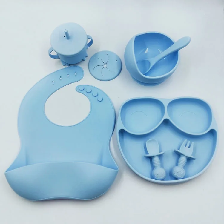 

2021 Best Seller bib bowl spoon silicone baby plate and Sippy Snack Cup silicone Baby Tableware Feeding Set, Pink,blue,grey, custom