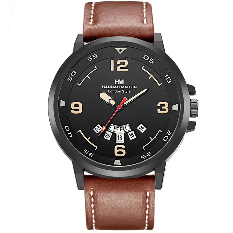 

HANNAH MARTIN 1602 Hot Sell Quartz Analog Watches For Men Calendar Week Display Casual Watch Straps Leather, As picture