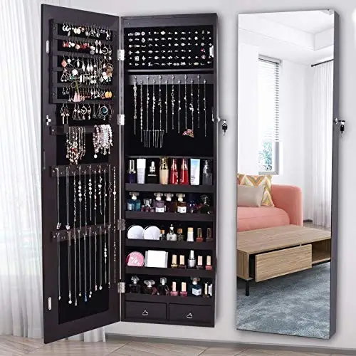 LED Light Cabinet Lockable 47.3" H Wall/Door Mounted Jewelry Armoire Organizer 