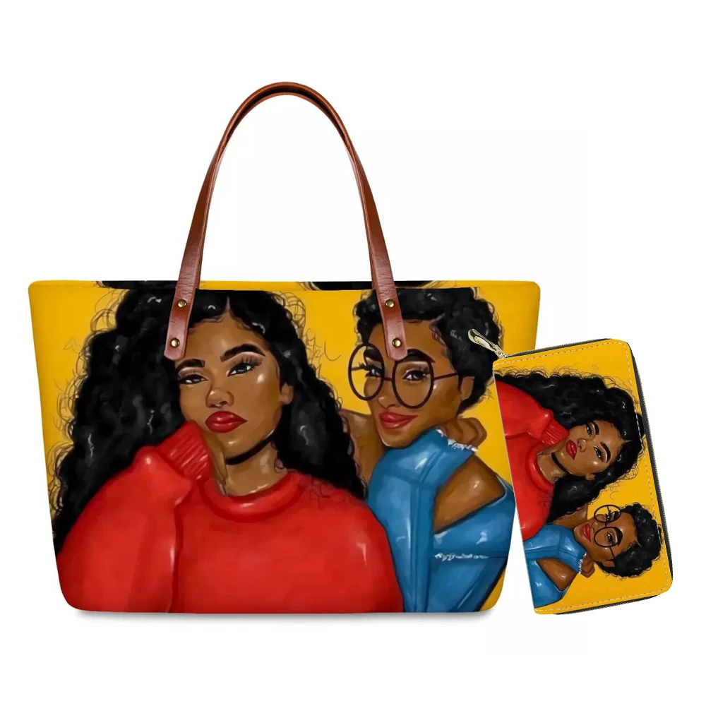 

Custom beautiful african stylish girl image handbag and wallet set Yellow series ladies handbag and wallet 2pcs fit shopping, Customized color