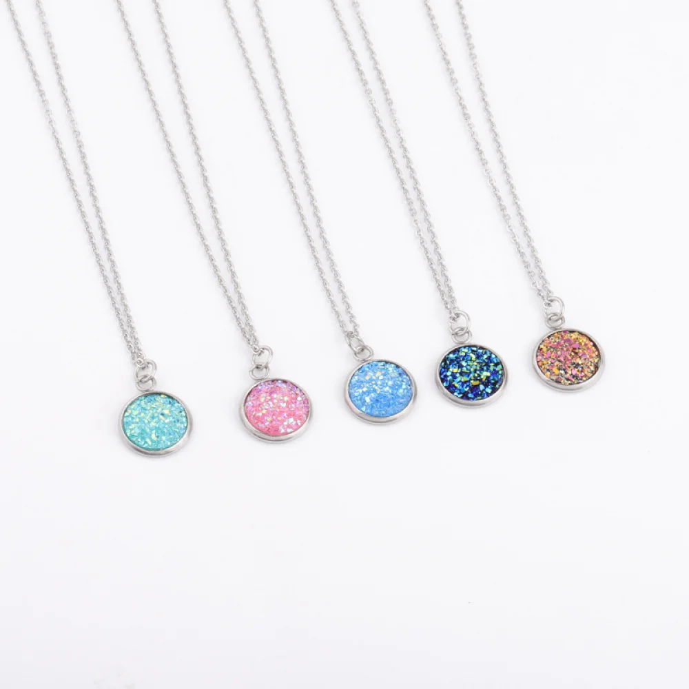 

12MM stainless steel gypsophila mineral crystal cluster drusy resin pendant necklace for women, As the picture shown