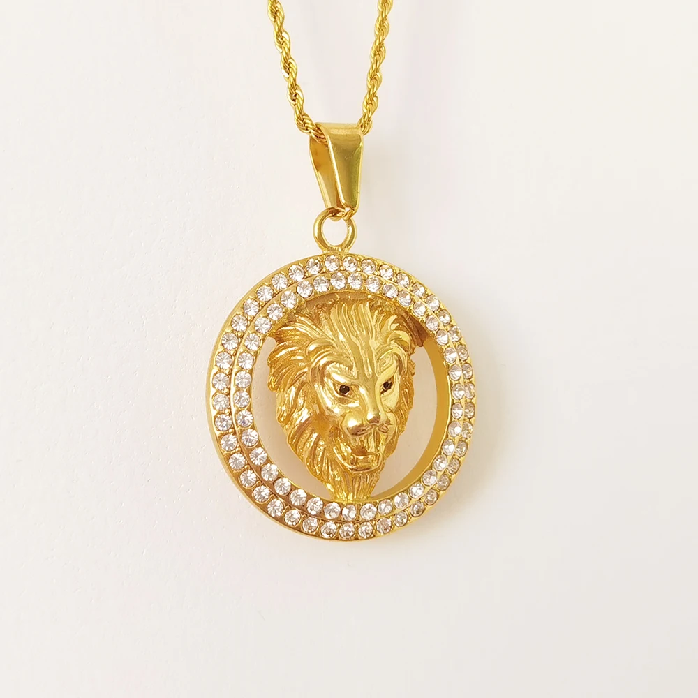 

18K Gold Plated Stainless Steel CZ Lion Pendant Necklace Wholesale Punk Diamond Lion Head Necklace for Men Twinkle Jewelry