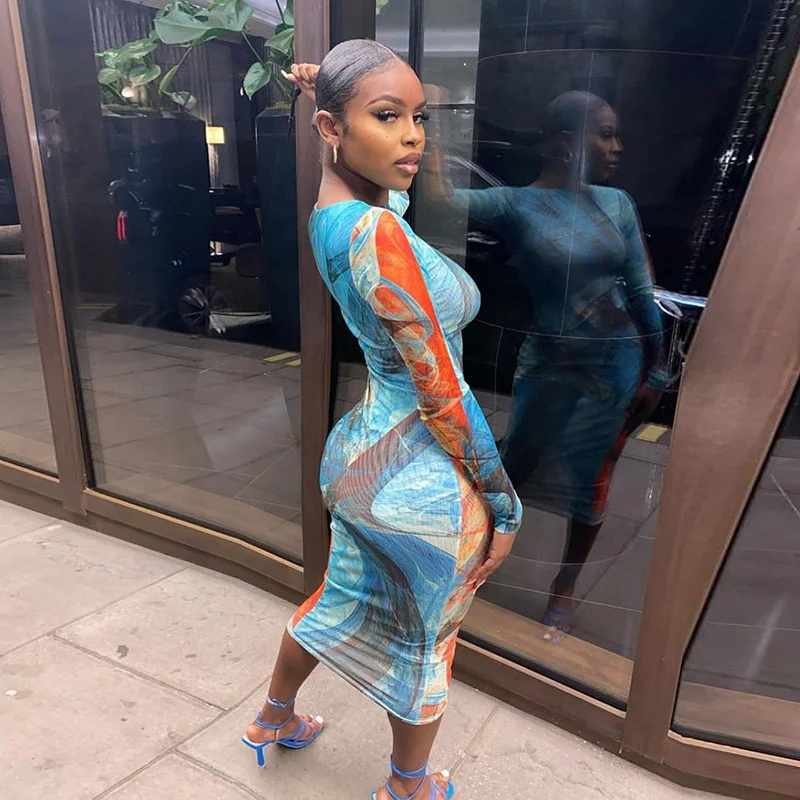 

Fall 2021 New Stylish Women Tie Dye Print Patchwork Sexy Bodycon Midi Dresses, Customized color