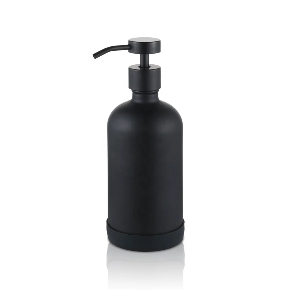 Boston Glass 500 Ml Matte Black Round Shape Matte White Hand with Metal Lid 28 mm Hand Soap Pump