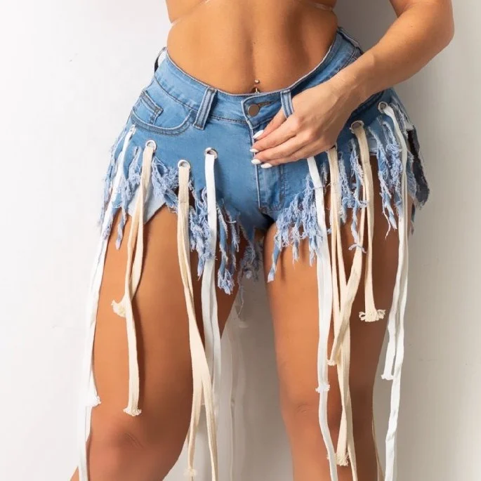 

DressNOVA Summer Women's Shorts Hot Pants Wear Denim Shorts With Strings And Fringes Fashion Drawstring Shorts