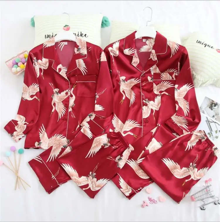 

Jersan Popular Custom Print silk pajamas 2 Piece Crane night dresses for woman, As picture shows