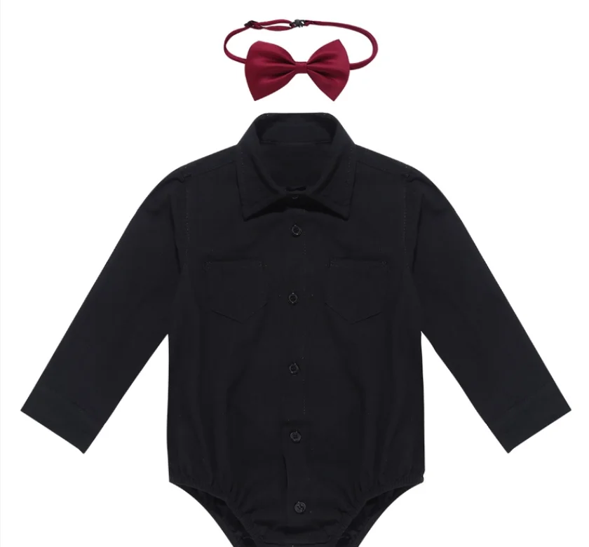

Infant Baby Boys Long Sleeves Jumpsuit With Black Bow Tie Set Formal Gentleman Shirt Romper