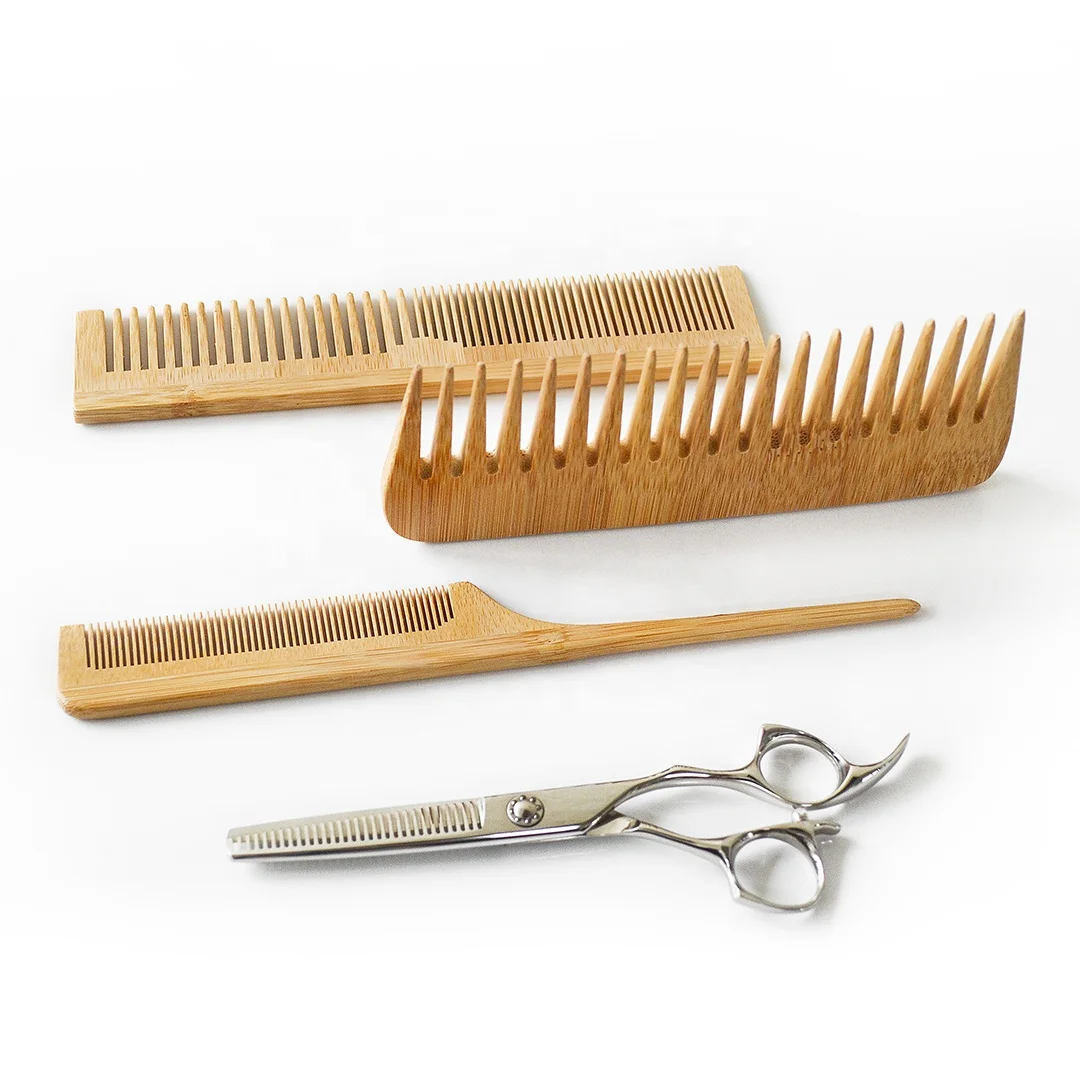 

3PCS Custom Logo ECO-friendly Natural Bamboo Wide Tooth Comb with logo Rat Tail Comb Set