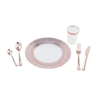 

Plastic rose gold spoon and fork disposable plates and cutlery 25 pcs 7.5" 25 pcs 10.25" 25 knife 25 spoon 25 fork
