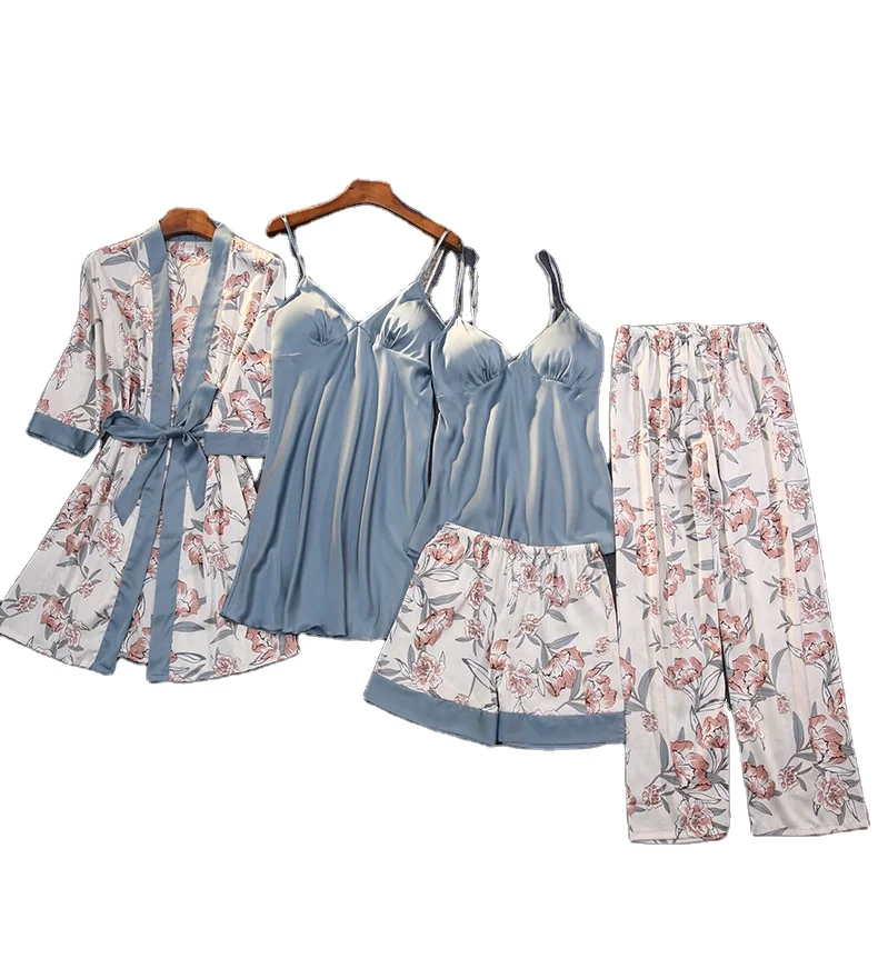 

2021 Sling Sexy Print Satin Women Silk Pyjamas 5 Pieces Pijamas Woman Pajamas Set For Women, Pink,white,red