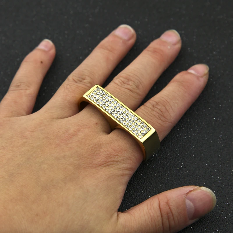 Men's Hip Hop Cool Two Finger Iced Bling Rhinestone Gold Silver Ring Fashion Polish Ring Jewelry Party Gift Jewelry Size 9 10