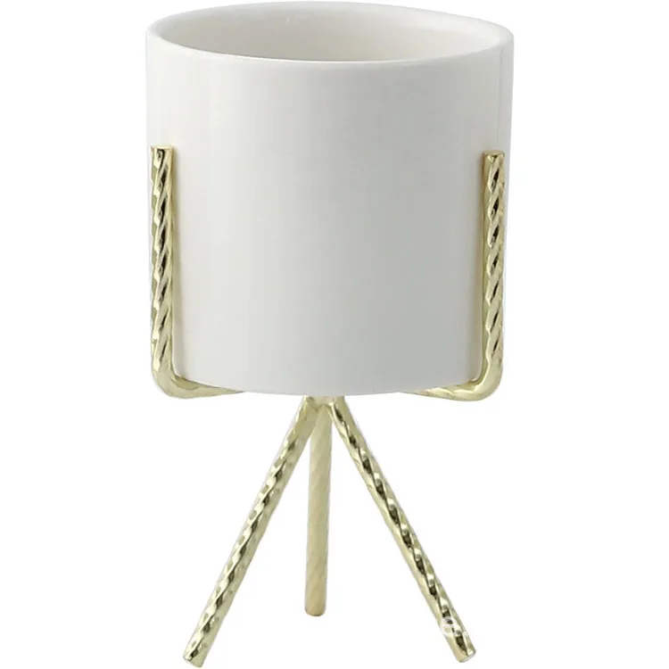 

Nordic Light Luxury Iron Art Vase Golden Iron Frame Flower Stand Ceramic Succulent Flower Pot Green Plant Flower, White,pink marble