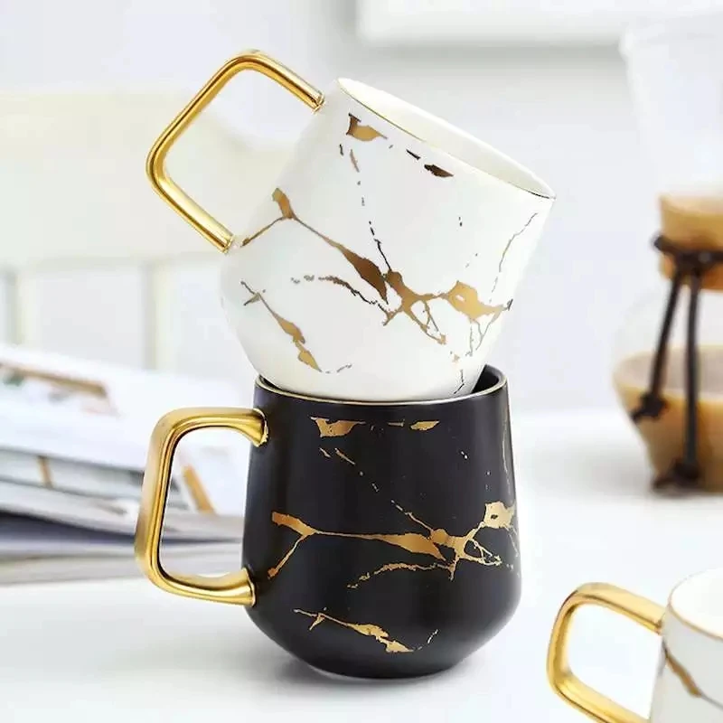 

Creative Fresh Nordic Style Marble Matte Gold Ceramic Cup Tea Coffee Mug With Wooden Lid Tray Gift