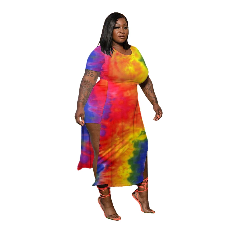 

MQX23577 Large size women's fashion sexy tie-dyed slits dress (including shorts)