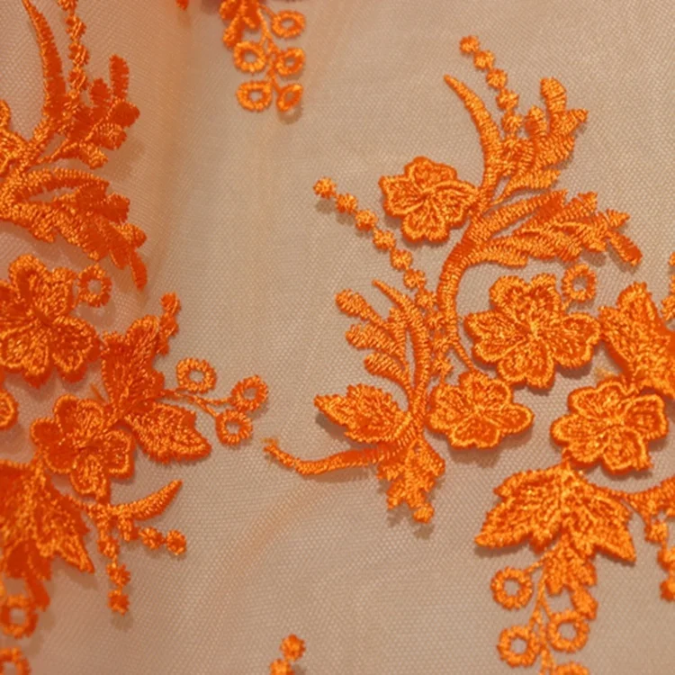 

New product 2021 orange tulle net textile 3D flower embroidery fabric for dresses