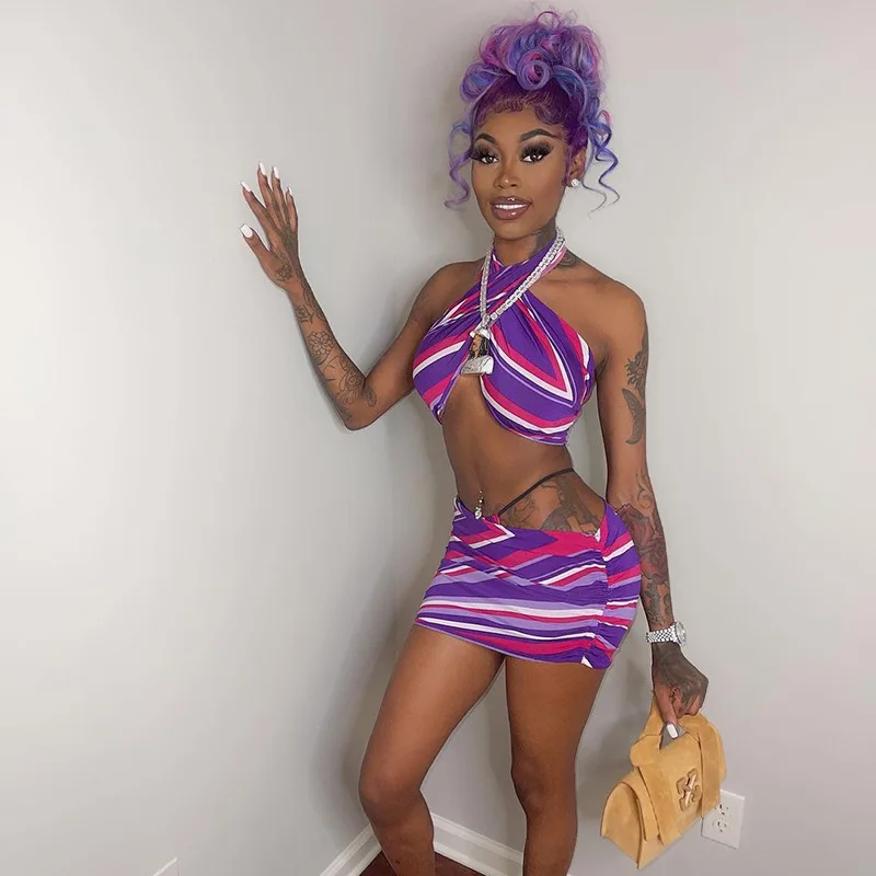 

Free Shipping R05006 - Skirt And Crop Top Casual Stripper Women Two Piece Outfits