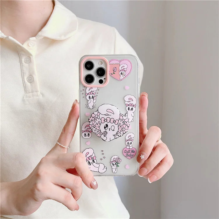 

Cute Clear Phone Cover With Bracket For iPhone 12 Pro Max 11 X XS XR 7 8 plus SE Shockproof Rabbit Phone Case