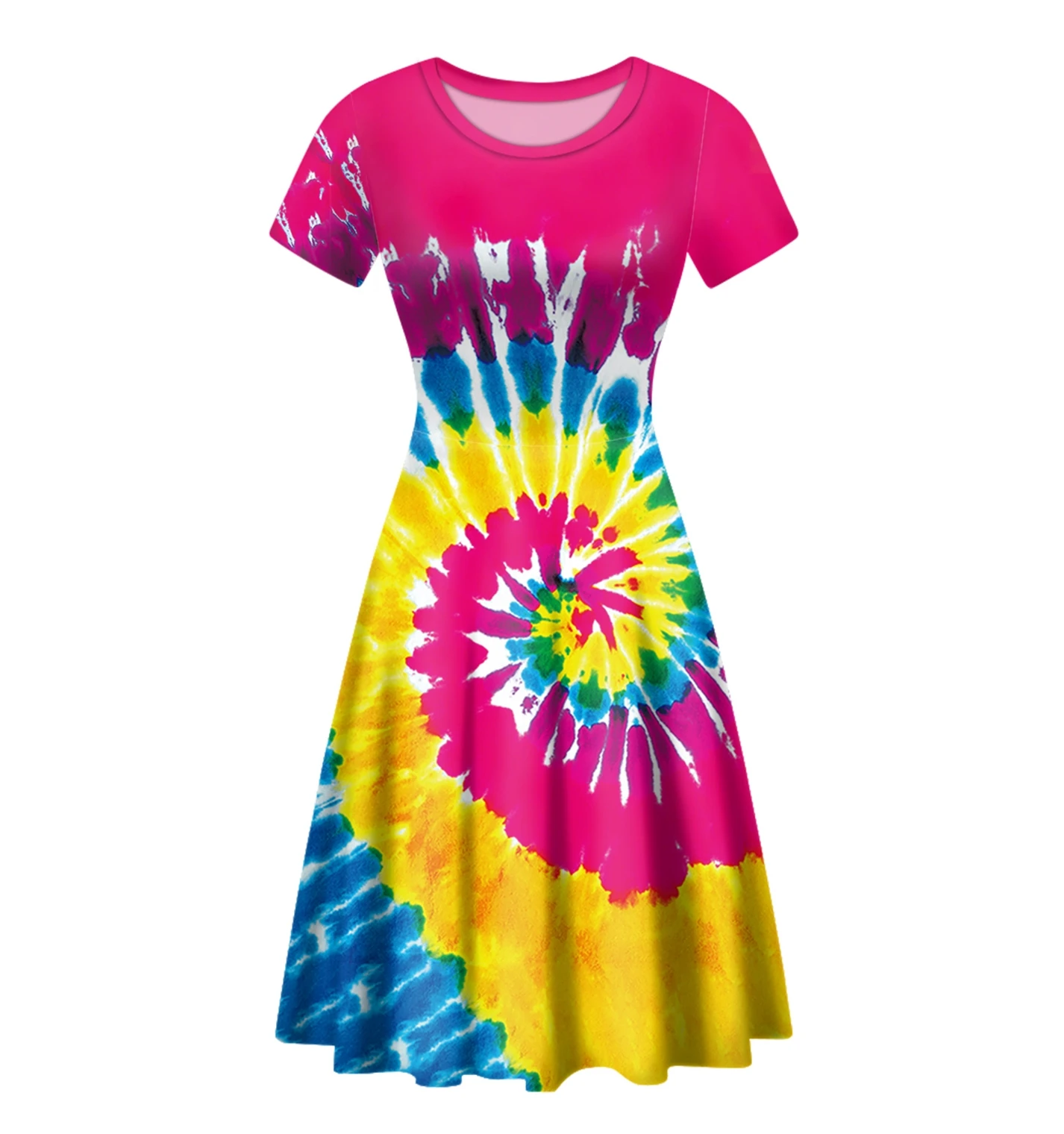 

Woman Clothes Tie Dye Print Casual Dress Girls Women's Loose Short Sleeve O Neck Summer Beach A-Line Dresses