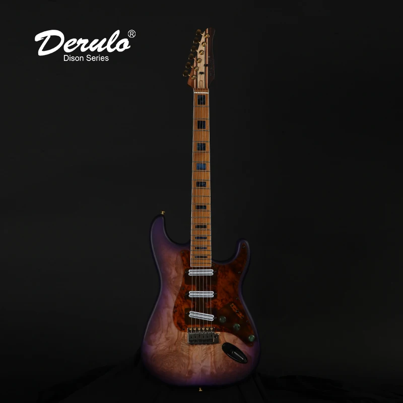 

Derulo Electric Guitar OEM High Quality Stratocaster STtype Burl Top 9 pieces BlackWalnut Maple Rosewood Ebony Neck Custombody