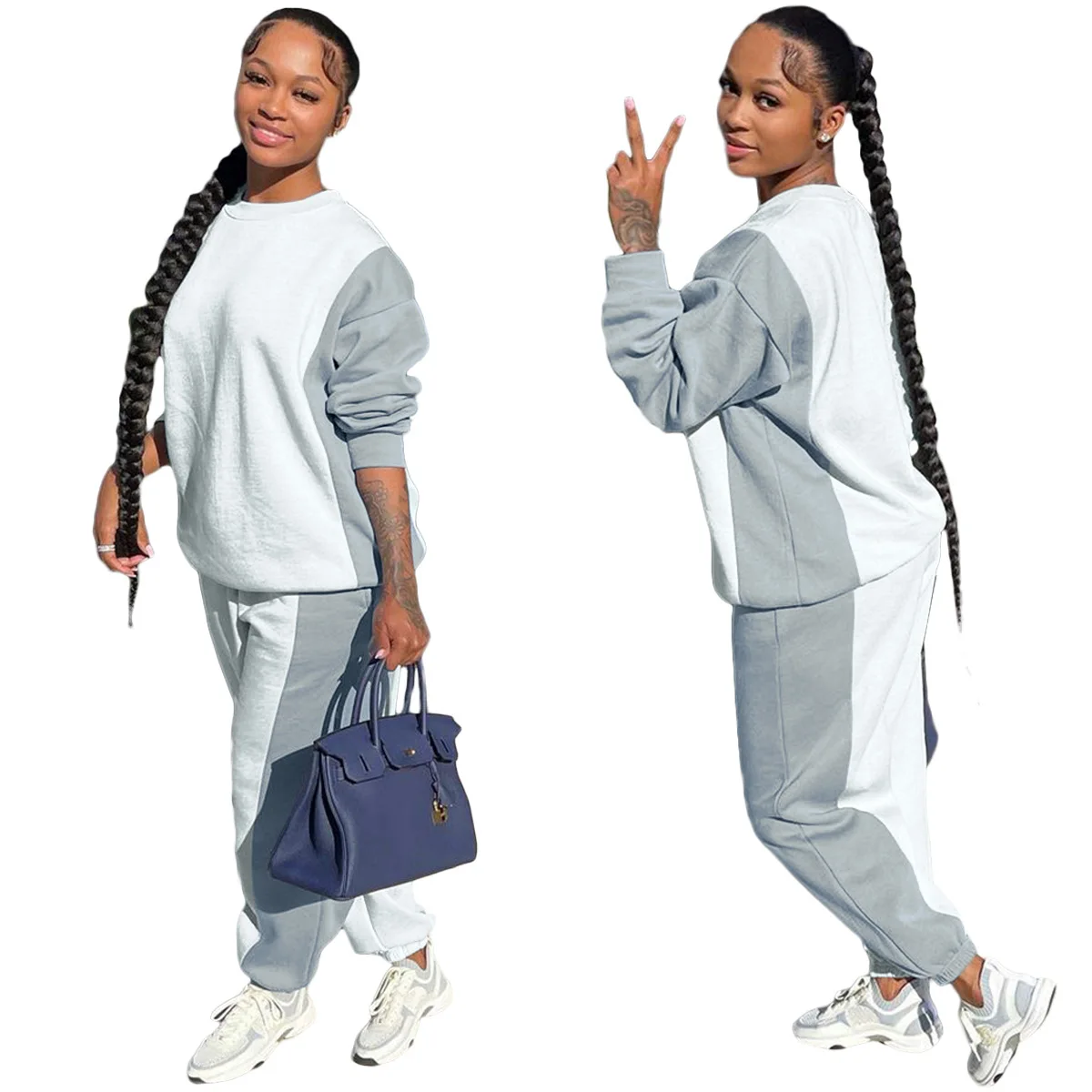 

2021 fall custom sweatsuits long sleeves patchwork casual loose fit women sweatshirt suit two piece pants set