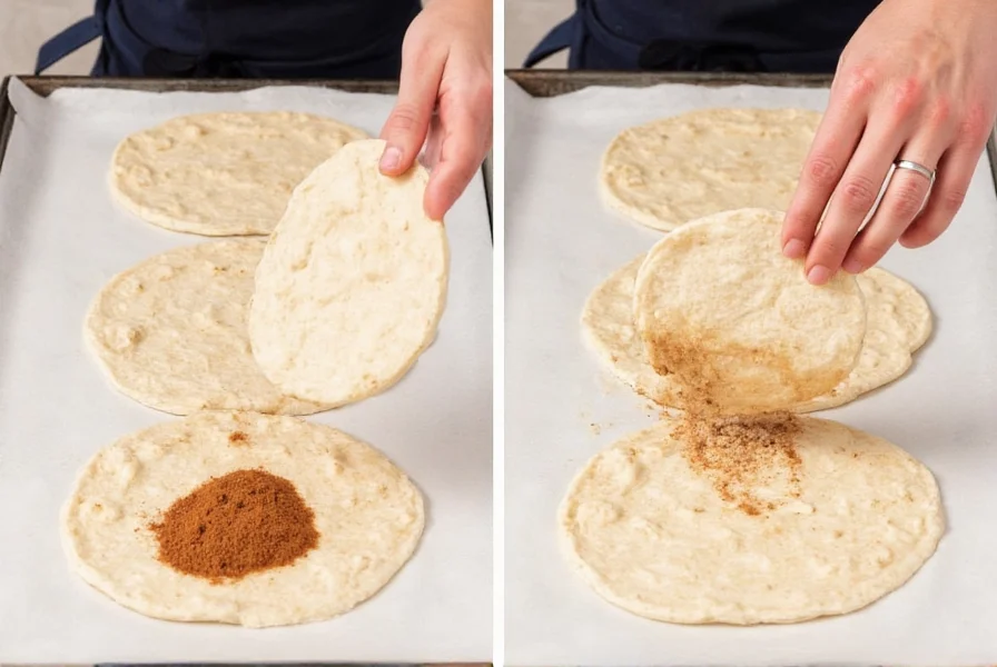 Step-by-step preparation showing flour tortilla being sprinkled with cinnamon sugar mixture in kitchen setting