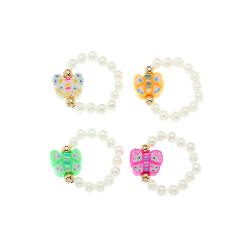 

Rainbow Color Heart Butterfly Pearl Bead Ring Designer Black White Bead 4-Piece Set Adjustable Ring Jewelry For Women Girls