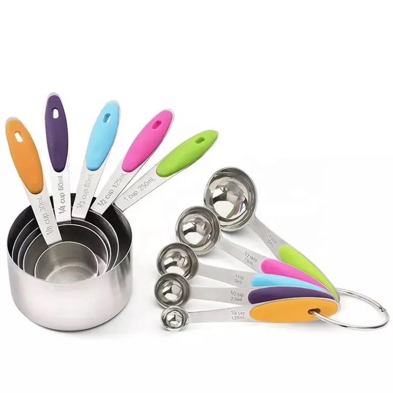 

Stainless steel measuring cups and spoons with color Silicone handle 10 Piece set