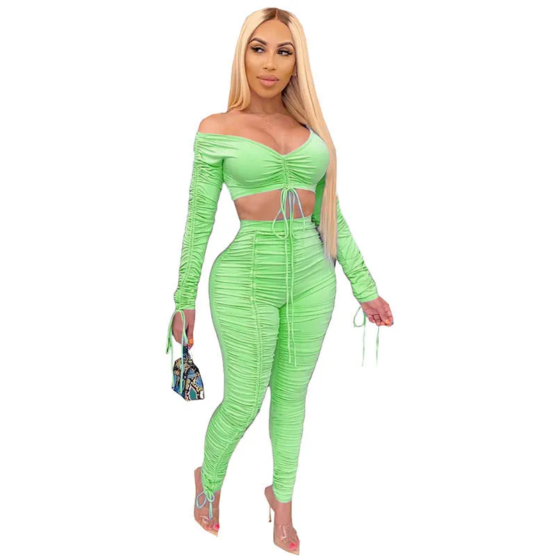 

Casual Pleated Stacked Crop Top and Trousers Two Piece Pants Set Women Clothing