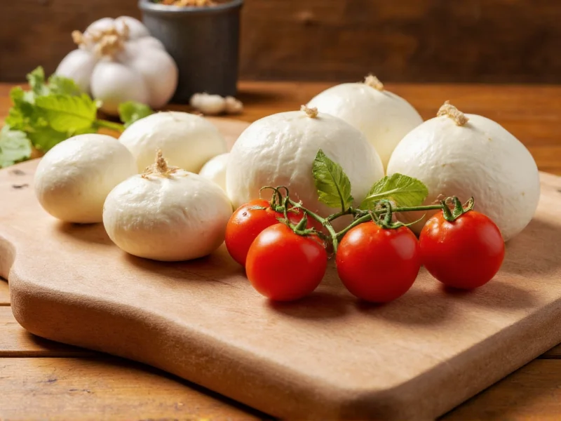 Fresh mozzarella ingredients on wooden table
