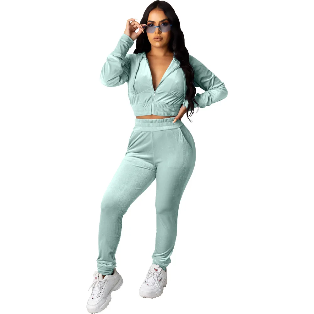 

Two Piece Night Club Outfits for Women Long Sleeve Top Velour Pants Zip Up Hoodie Velvet Jogging Sweatsuit, As shown