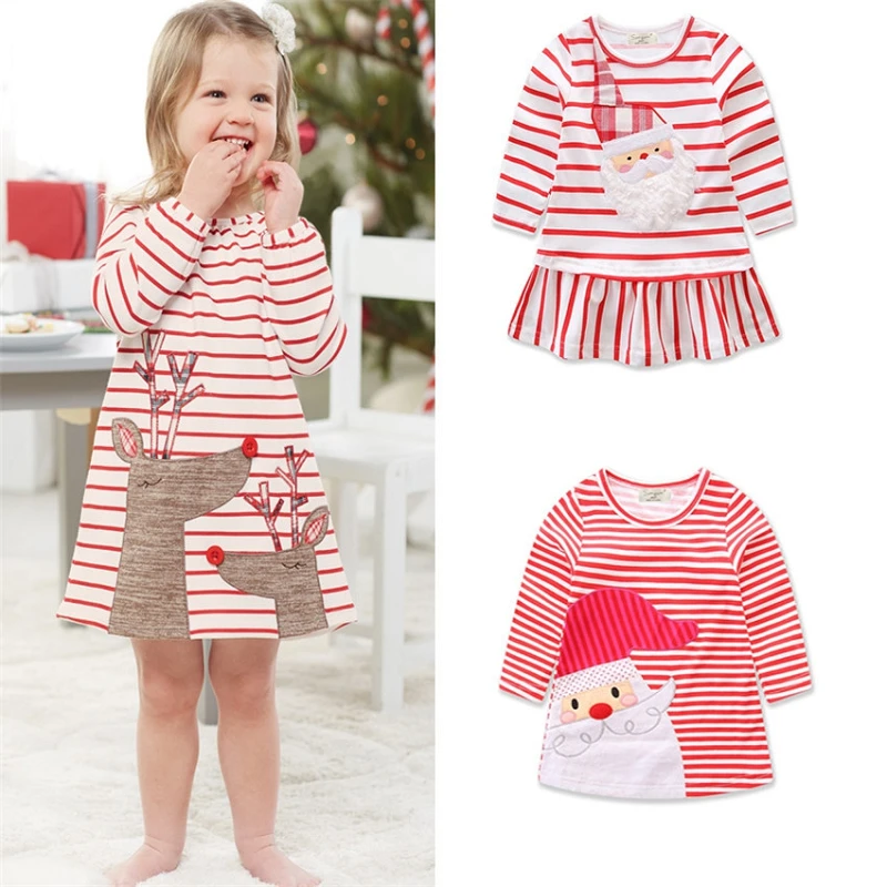 

Baby Girls Christmas Deer Santa Claus Dress Cartoon Children Stripe Princess Dresses Xmas Kids Clothing M147