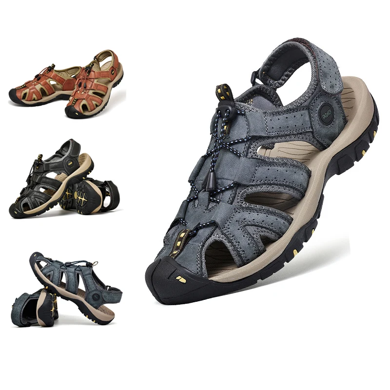 

Drop shipping Custom Logo Mens Genuine Leather Sandals Comfortable Outdoor Beach Sandal Shoes