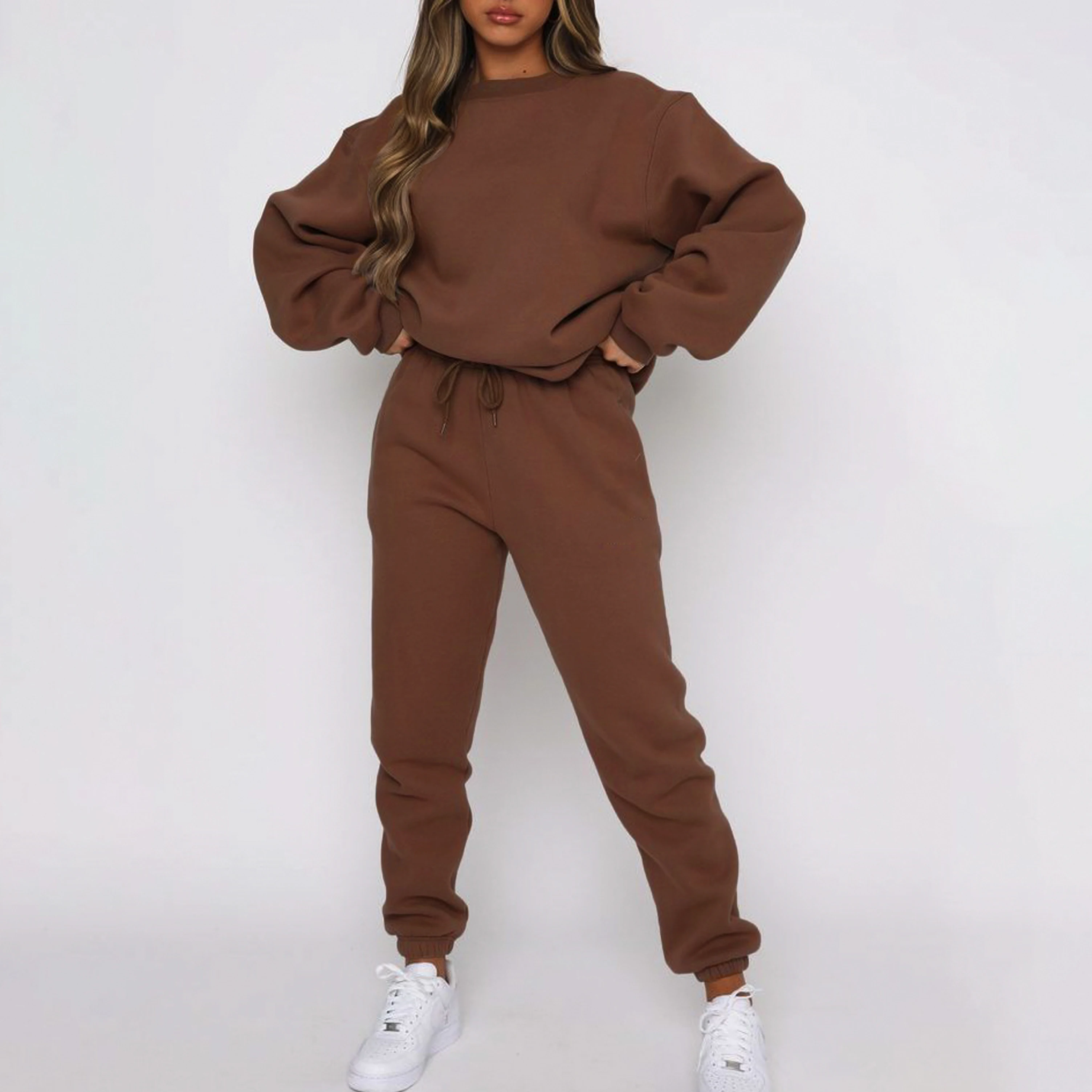 

Dropshipping Women Clothing Vendor Wholesale Blank Brown Private Label Fleece Sweat Suits Set 2021