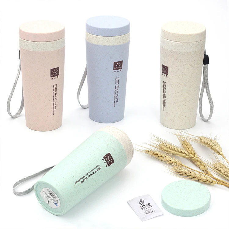 

300ml Custom Coffee Mugs Cups Eco Friendly Double Wall Biodegradable Plastic Wheat Straw Water bottle with cover