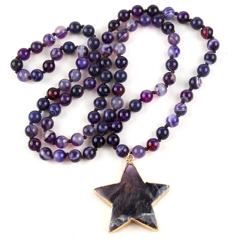 

Fashion Statement Long Knot 8mm Jewelry Tiger Eye Purple Gemstone Necklace Natural Stone Star Pendant Necklace