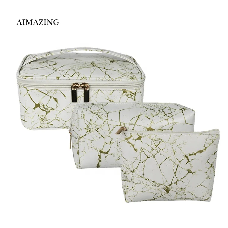 

White Luxury Cosmetic Organizer 3 Piece Makeup Bag Makeup Bags And Boxes 3 Pic Set Bag Beauty Silk Logo Marble Make Up Pouch, Customized color