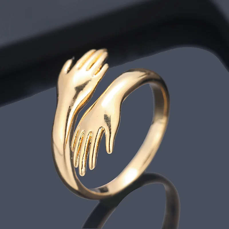 

European Creative Real Gold Plating Double Hand Open Band Ring Hug Hand Open Finger Ring for Women