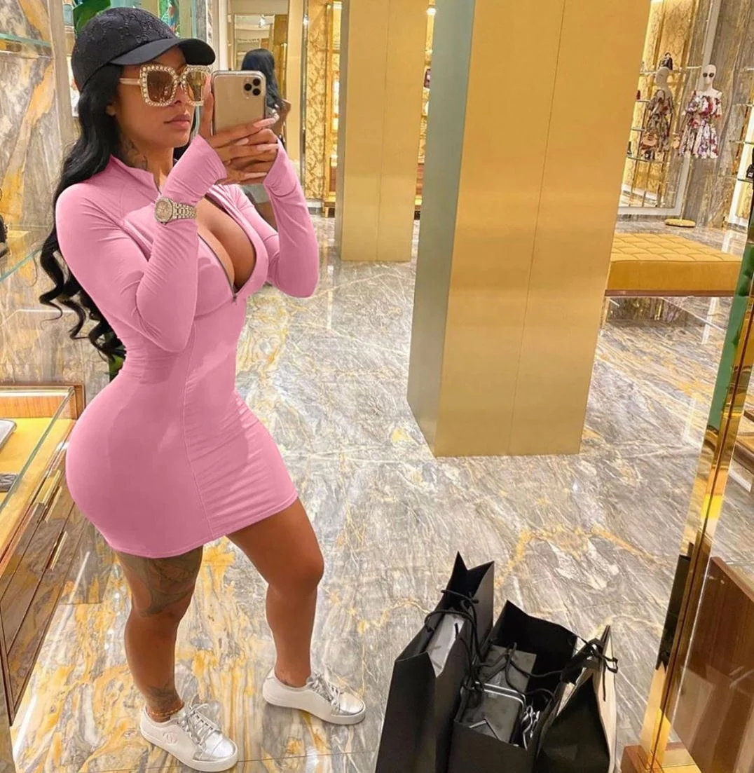 

Simple Style Solid Color Half Zipper Women Long Sleeve Bodycon Dress