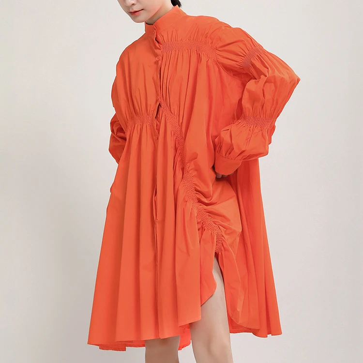 

High Quality Fashion Trendy Irregular Big Swing Orange Pleated Lantern Sleeve Shirt Dress, White/blue