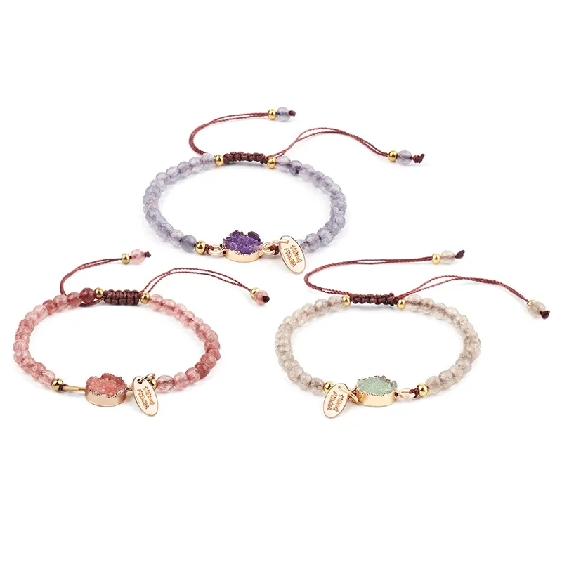 

Three Colors Adjustable Natural Stone Beaded Bracelet Creative Braided Crystal Druzy Beads Bracelet For Girls