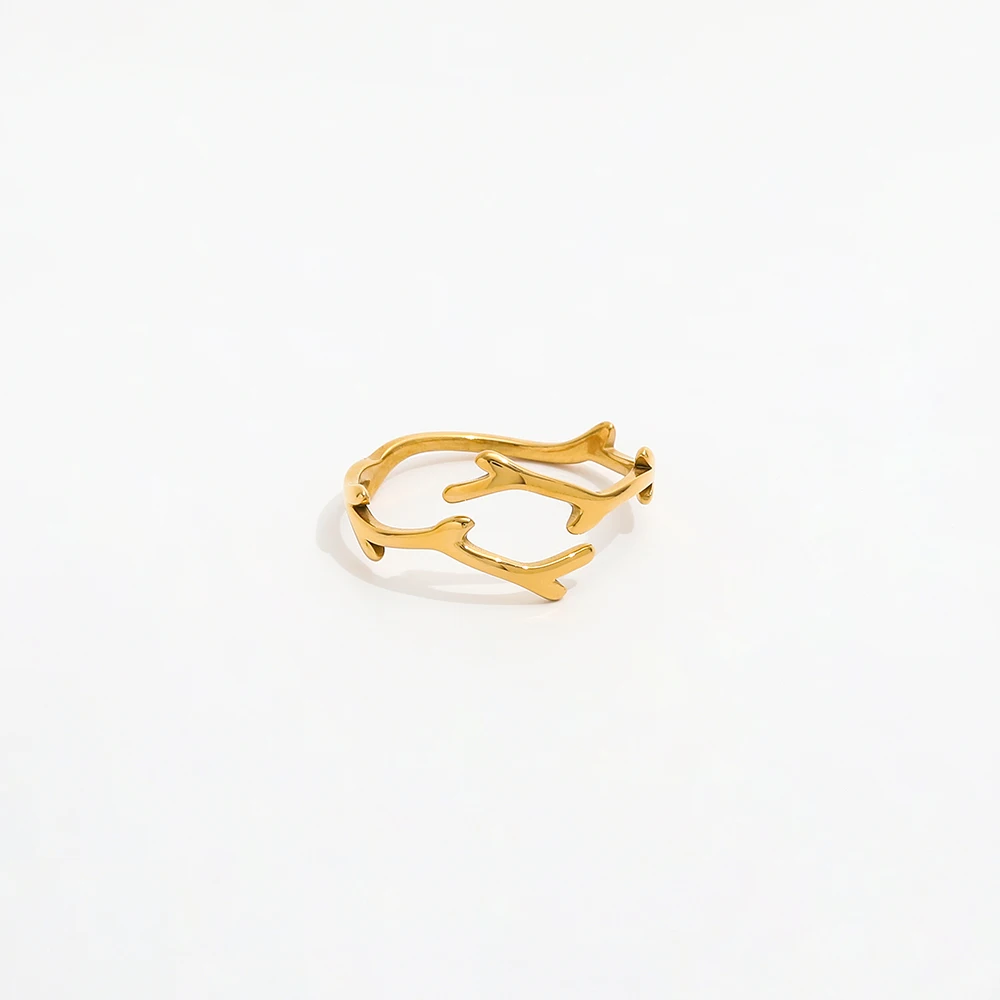 High End 18K PVD Gold Plated Leaf Rings Stainless Steel Women Open Rings Tarnish Free Fashion Jewelry