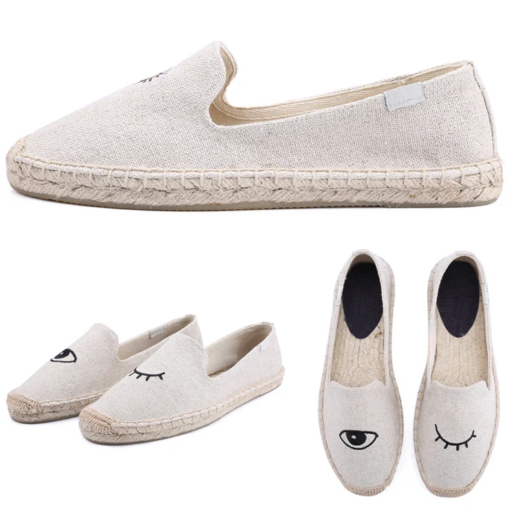 

Summer White Eye Print Embroidered Women Jute Espadrilles Shoe Sole Canvas Shoes, Black,natural