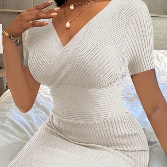 

Free Shipping Women Spring Sexy Style Close Fit Deep V Short Sleeve Solid Color Dress, Optional