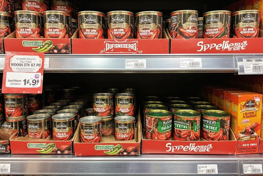 Supermarket shelf display showing Castleberry chili cans next to other chili brands