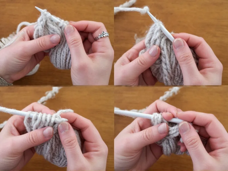 Artisan hands demonstrating varied stitch tension techniques on knitting needles