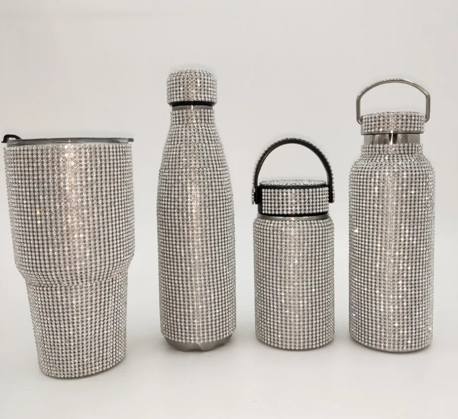 

Custom travel sports stainless steel tumbler mug water bottle crystal diamond bling coffee rhinestone cup, Customized color